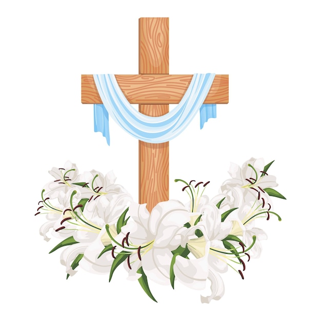 Cruz com lírios isolados no fundo branco. símbolos religiosos cruz de madeira, lírio branco e tecido.