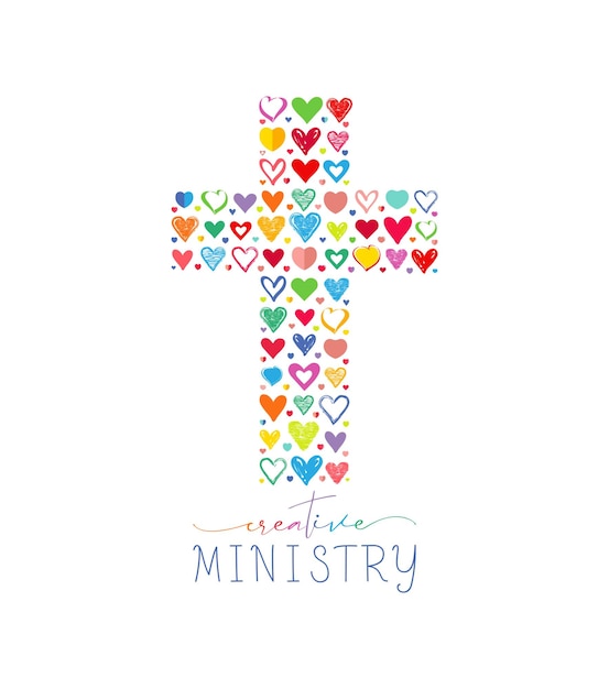 Cruz criativa com conjunto de estilos desenhados à mão corações coloridos conceito de logotipo do ministério cristão