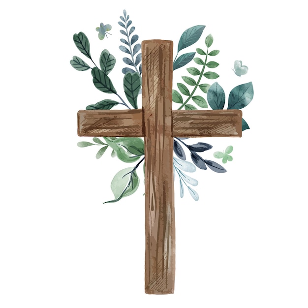 Cruz cristã com decoração floral, tons verdes frios e azulados. Ilustração em aquarela