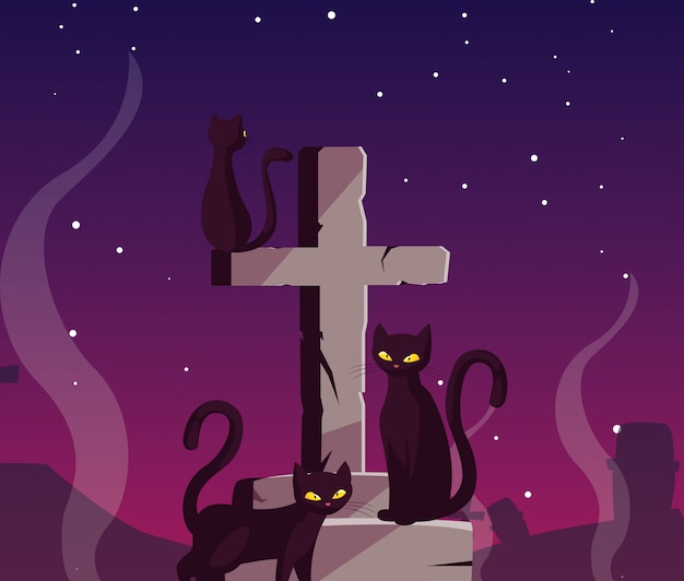 Vetor cruz cristã com gatos pretos em cena de halloween