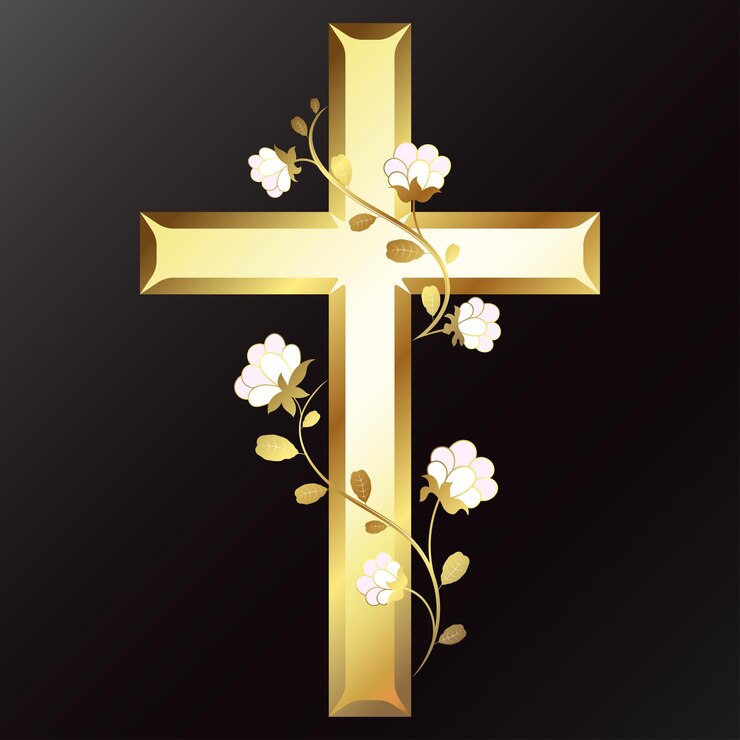 Vetor cruz cristã dourada entrelaçada com caules de flores