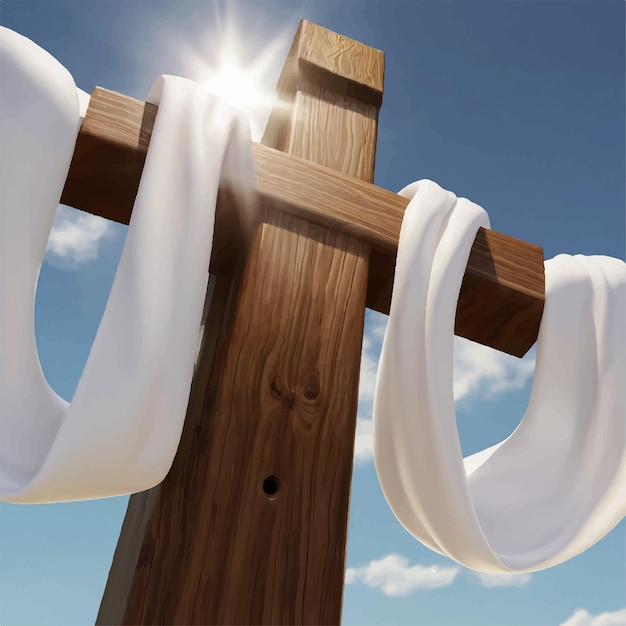 Vetor cruz de madeira com pano branco