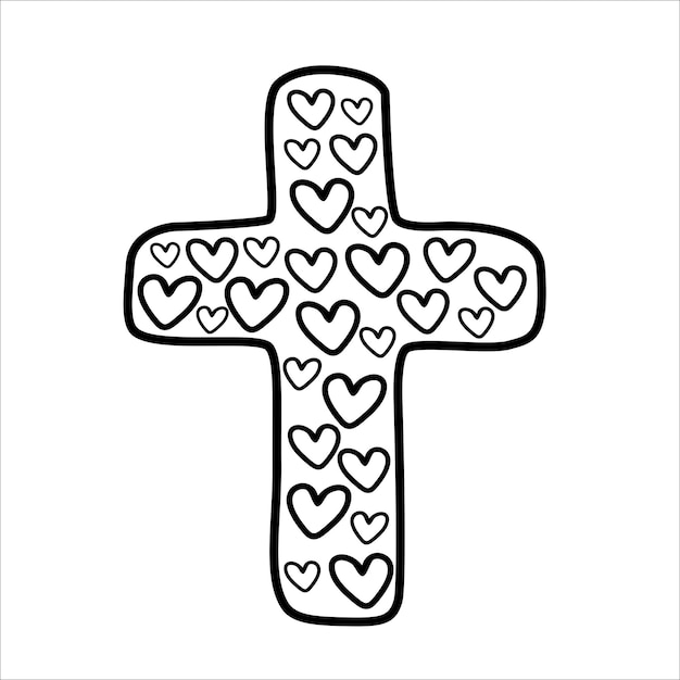 Cruz de religião com ilustração vetorial de doodle de corações isolada em branco