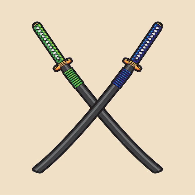 Vetor cruz de samurai de espada katawa dupla.