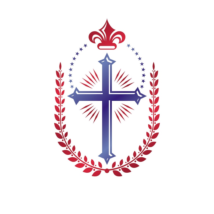 Vetor cruz do emblema gráfico do cristianismo. elemento de design de vetor heráldico. rótulo de estilo retrô, insígnia religiosa decorada com coroa de louros e flor de lírio. ideia de riqueza e monarquia.
