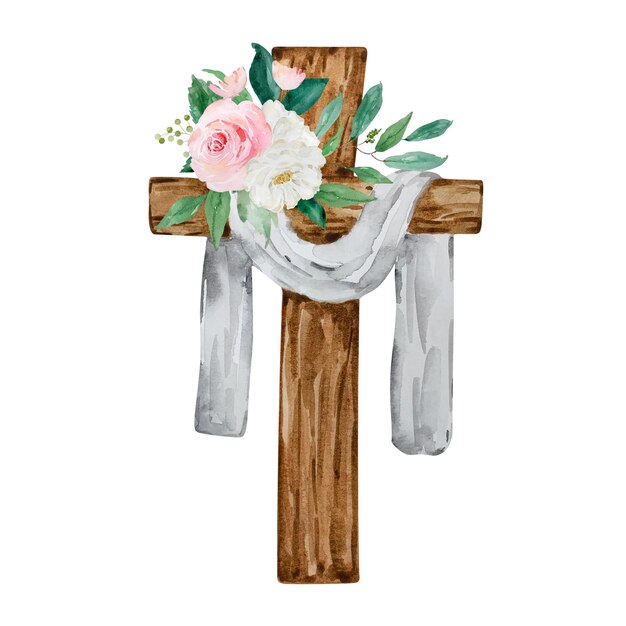 Cruz em aquarela decorada com flores símbolo religioso da páscoa