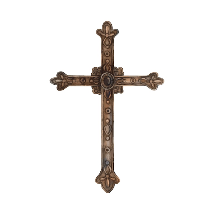 Vetor cruz religiosa de bronze vintage ilustração de aquarela desenhada à mão em estilo vintage em fundo isolado para o design de cartões convites para casamentos de halloween páscoa feriados católicos