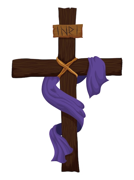 Cruz religiosa decorada com sinal do inri e pano roxo