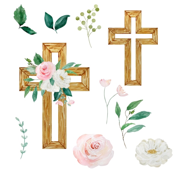 Vetor cruzes aquareladas decoradas com flores símbolo religioso da páscoa para o projeto de feriados da igreja