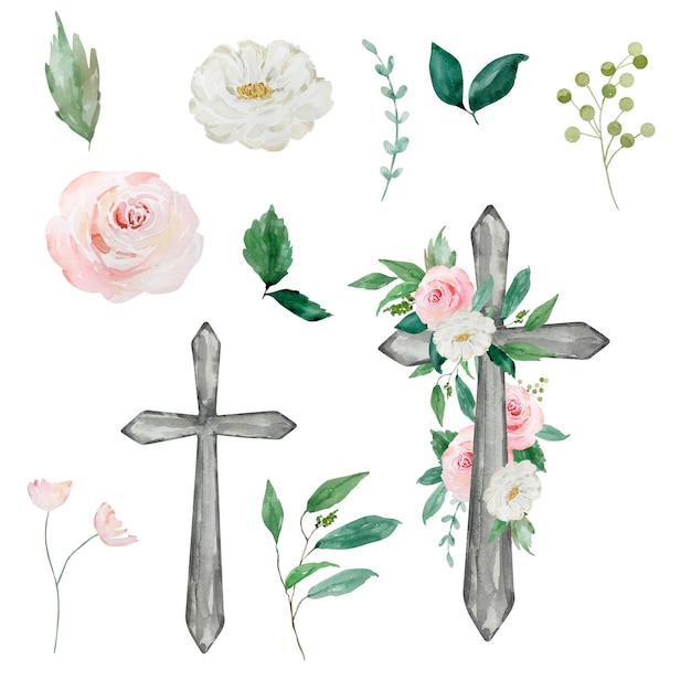 Cruzes de aquarela decoradas com flores símbolo religioso da páscoa