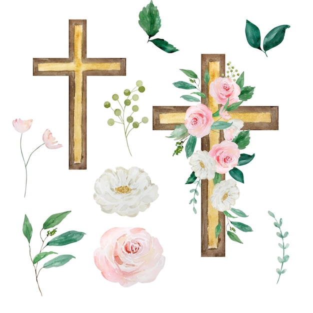 Vetor cruzes em aquarela decoradas com flores símbolo religioso da páscoa para o desenho de feriados religiosos