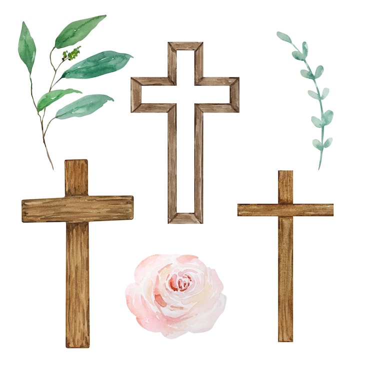 Vetor cruzes em aquarela e símbolo religioso de páscoa floral