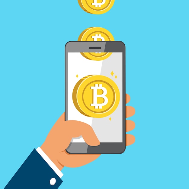 Cryptocurrency conceito mão segurando smartphone e ganhar dinheiro moedas