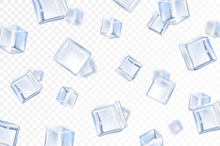 Vetor cubo de gelo caindo isolado em foco seletivo de fundo transparente cubos de gelo voadores com efeito de desfoque ilustração em vetor 3d realista