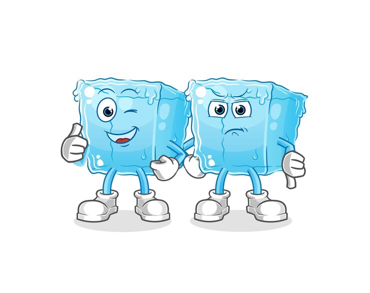 Vetor cubo de gelo polegares para cima e polegares para baixo mascote dos desenhos animados vectorxa