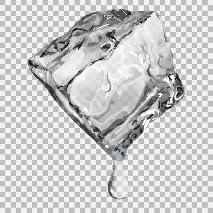 Vetor cubo de gelo transparente com gotas de água em tons de cinza
