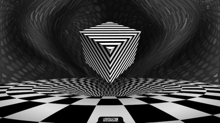 Vetor cubo de ilusão de ótica geométrica de fantasia fractal. quadrado de linhas hipnóticas. ilusão de textura quadriculada em preto e branco. fundo de negócios de tecnologia da web. vetor de papel de parede quadriculado geométrico de buraco de minhoca