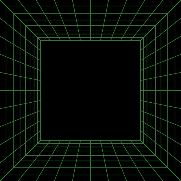 Cubo de perspectiva de estrutura de arame. sala de grade de wireframe 3d. grade de laser de perspectiva 3d. fundo preto ciberespaço com malha verde. espaço futurista de corredor digital em realidade virtual. ilustração vetorial