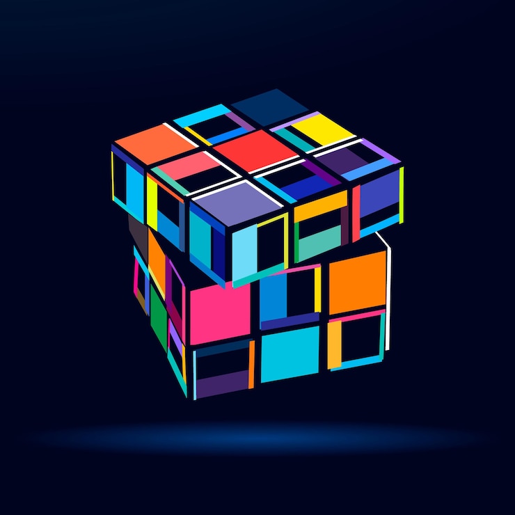 Vetor cubo de rubiks abstrato de tintas multicoloridas desenho colorido ilustração vetorial de tintas
