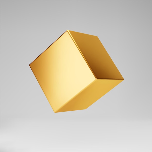 Cubo metálico de ouro 3D isolado em fundo cinza. Renderize um modelo de caixa 3d dourado brilhante giratório em perspectiva com iluminação e sombra. Forma geométrica do vetor realista.