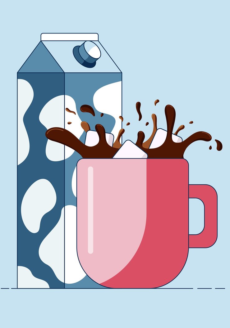 Vetor cubos de açúcar caem na caneca espirrando café quente na frente da caixa de leite