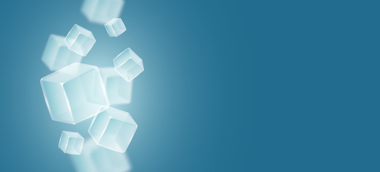 Vetor cubos de gelo 3d de cristal em fundo azul pedaços de água congelada transparente com efeito de desfocamento de movimento modelo para anúncios de bebidas vector