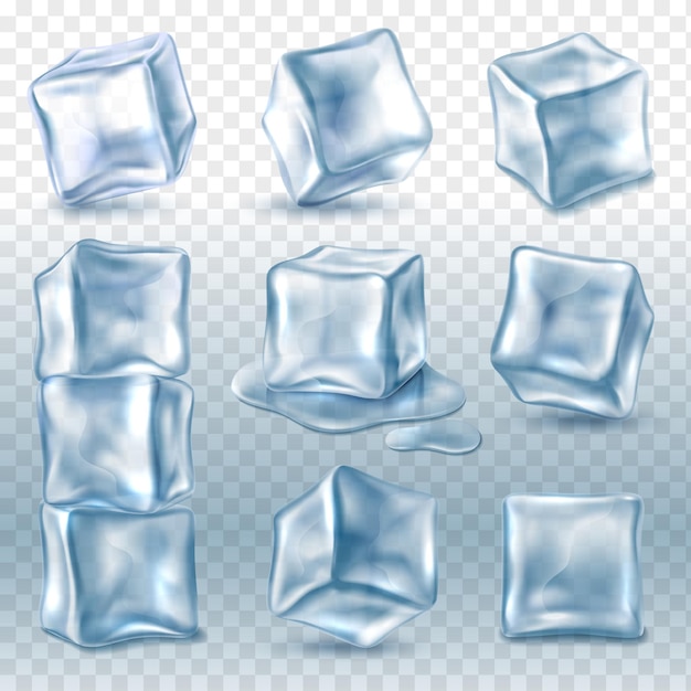 Cubos de gelo. 3d pedaço de gelo coleção de vários ângulos, blocos transparentes de água clara congelada para bebidas frias, pirâmide de objetos aqua glacial, resfriamento de bebidas. Vetor isolado em conjunto de fundo transparente
