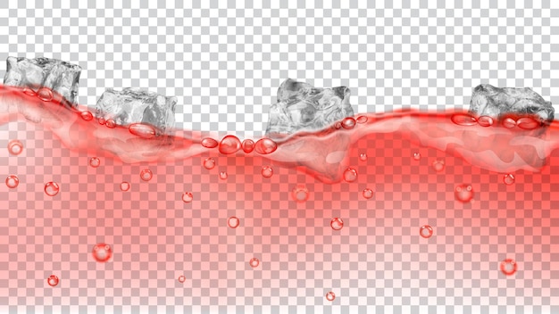 Cubos de gelo cinza translúcidos e muitas bolhas de ar flutuando na água vermelha em fundo transparente. transparência apenas em formato vetorial