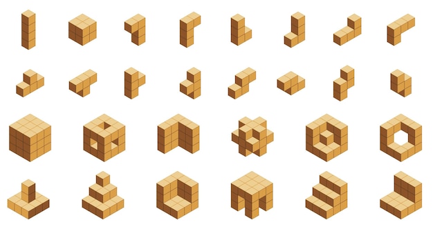 Vetor cubos de madeira isométricos blocos de madeira geométricos de diferentes formas quadrados 3d de madeira para crianças educação e entretenimento conjunto isolado vetorial