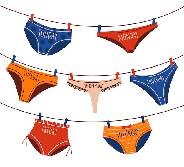 Cuecas diárias doodle cuecas e cuecas lavanderia penduradas em cordas cuecas semanais e calcinhas fixadas no varal com prendedores de roupa lingerie seca organizada lavar cuecas ilustração vetorial