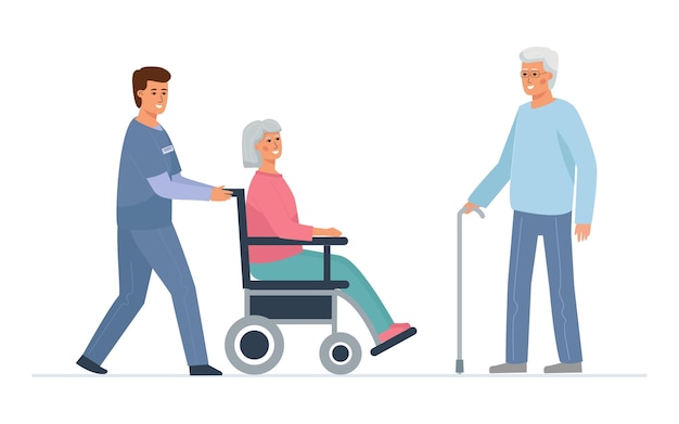 Cuidador empurra uma cadeira de rodas com uma senhora idosa e um homem com uma bengala fica ao lado dela.