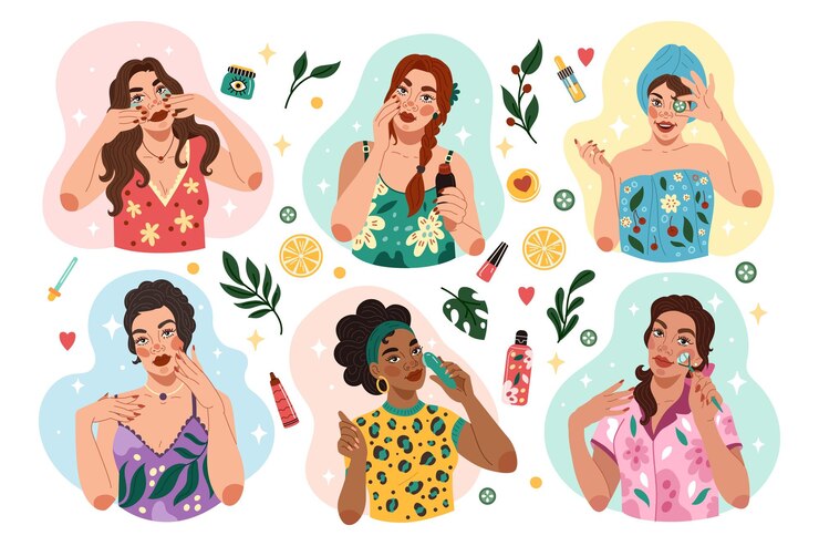 Vetor cuidados com a pele cuidados para meninas maquiagem facial mulher routine de beleza produtos orgânicos creme e loção faciais femininos frasco cosmético mulheres bonitas desenho animado vetorial plano ilustração isolada
