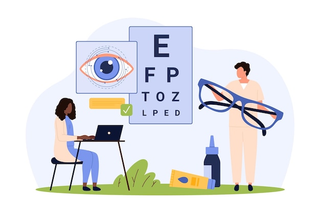 Cuidados com a saúde ocular Exame oftalmológico Pessoas minúsculas Verificam a visão dos doentes com um gráfico
