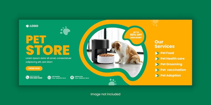 Vetor cuidados com animais de estimação e loja facebook cover template and animal healthcare web banner flat design layout