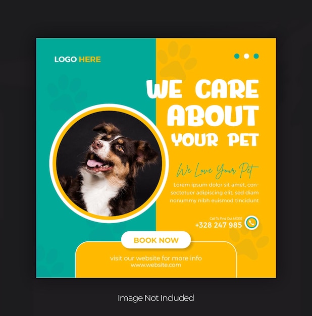 cuidados com animais de estimação post no Instagram ou design de posts nas redes sociais
