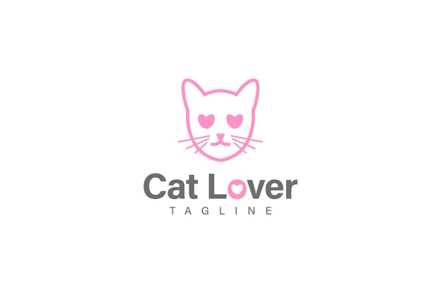 Cuidados com gatos ou design de logotipo de amante de gatos vetor cabeça de gato e símbolo de amor no conceito de olhos