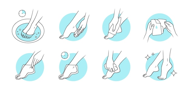 Cuidados com os pés do banho Pedicura do corpo de beleza com cosméticos de spa Ícones de máscara de peeling Mulher tocando os dedos dos pés e calcanhares Menina aplicando creme hidratante para limpar as pernas Conjunto de símbolos de esboço vetorial