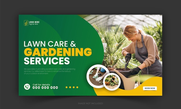 Vetor cuidados corporativos de gramado e jardinagem ou serviço de paisagismo transmissão ao vivo de vídeo do youtube design de miniatura