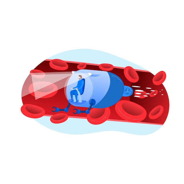 Cuidados de saúde dos vasos sanguíneos por ilustração vetorial de análise de doença de câncer de tecnologia micro nano Homem minúsculo no modelo de transporte de nanotecnologia