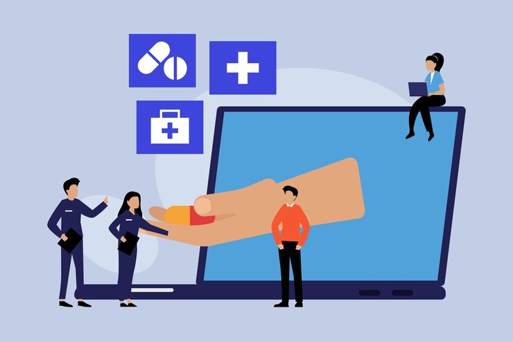 Vetor cuidados de saúde e consultas médicas em linha