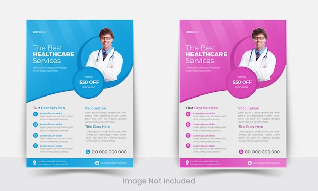 Cuidados de saúde vetoriais ou modelo de design de folheto médico