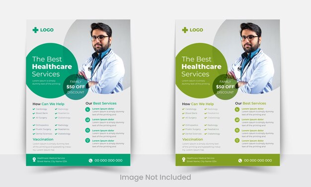 Cuidados de saúde vetoriais ou modelo de design de folheto médico