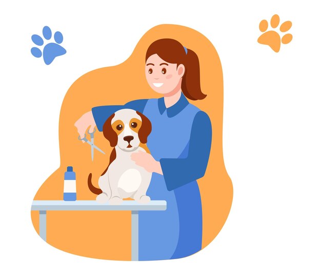 Cuidando do cachorrinho A menina está cortando o cabelo do cachorro e cuidando dos filhos com o cachorro