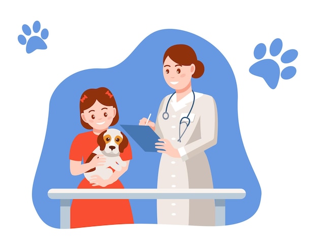 Cuidando do cachorrinho de estimação jovem feliz abraça o animal de estimação na recepção do médico veterinário