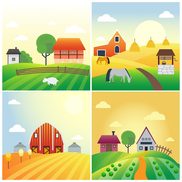 Cultive a ilustração velha dos produtos rurais da paisagem da bandeira da agricultura e dos desenhos animados do campo.