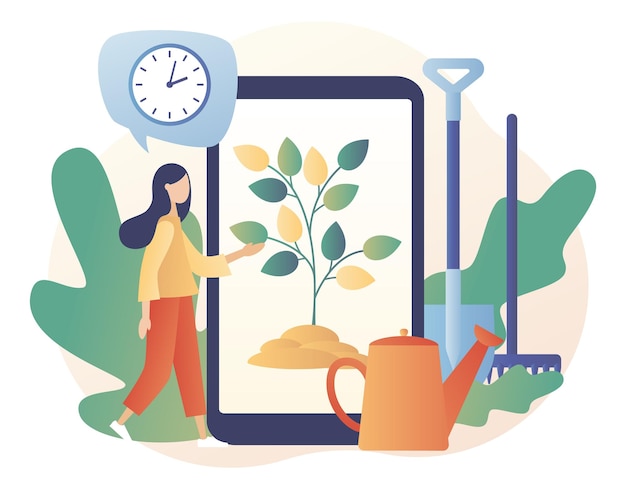 Cultivo de plantas em aplicativo para smartphone. conceito de jardinagem. árvore de plantio de equipamentos de jardinagem. vida no campo