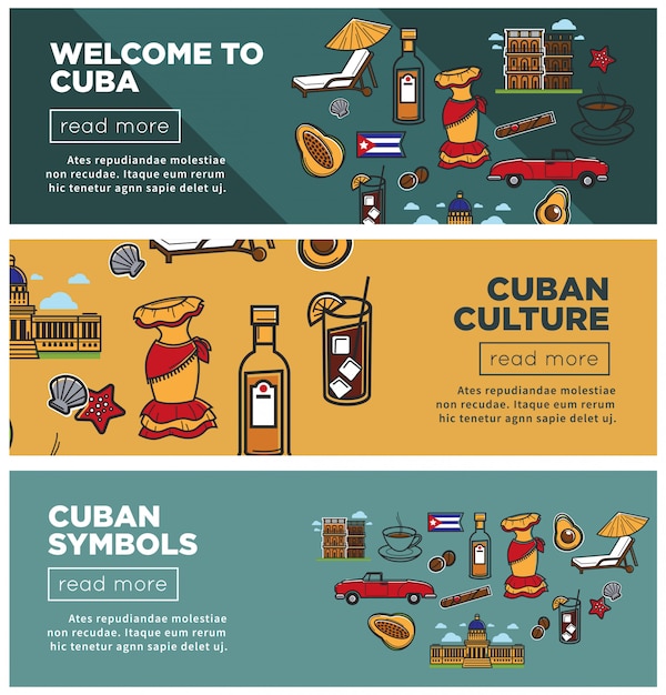 Cultura cubana e símbolos promocionais banners de Internet definida