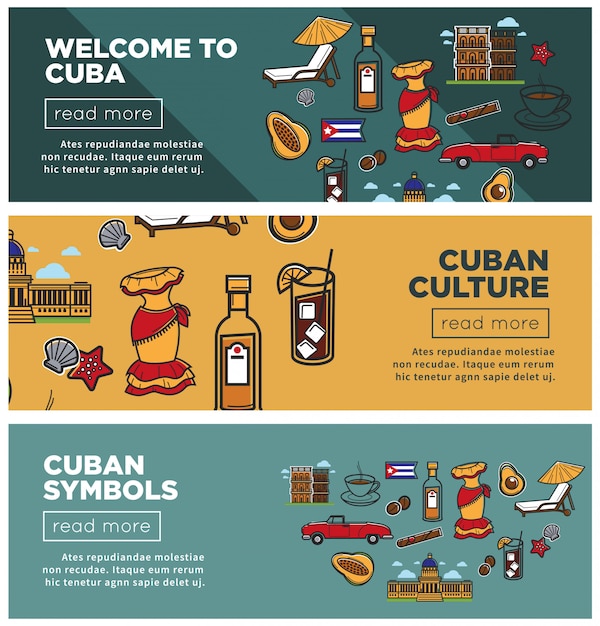 Cultura cubana e símbolos promocionais banners de internet definida