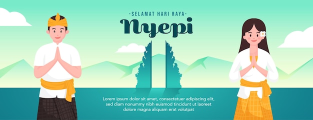 Cumprimentando o dia do silêncio de bali ou o banner de design hari raya nyepi com o povo balinês usa roupas tradicionais. saudação feliz dia nyepi.