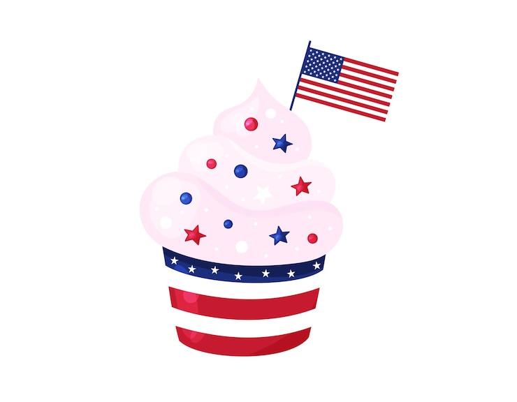 Vetor cupcake americano com a bandeira dos estados unidos símbolo dos estados unidos dia da independência muffin com gelo 4 de julho